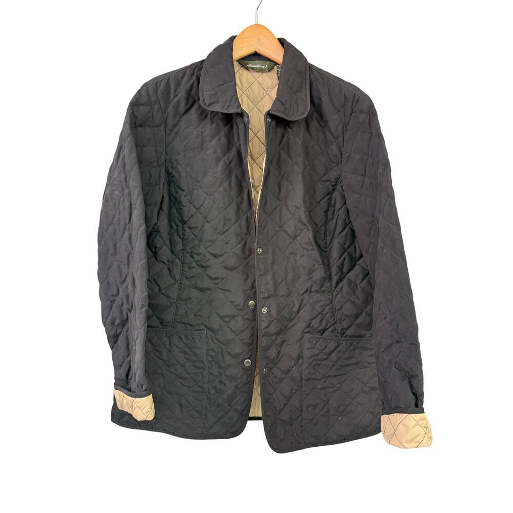 Eddie Bauer Black Quilted Jacket Goose Down Size Large Thin Packable Travel Coat